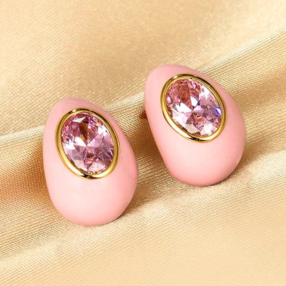14K Gold-Plated Zircon Pink Water Drop Enamel Earrings