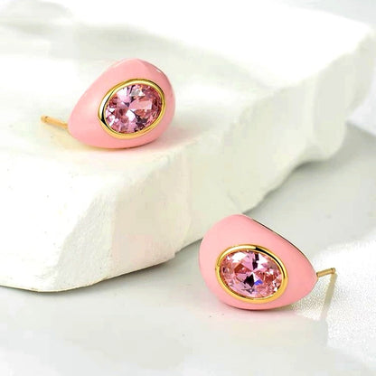 14K Gold-Plated Zircon Pink Water Drop Enamel Earrings