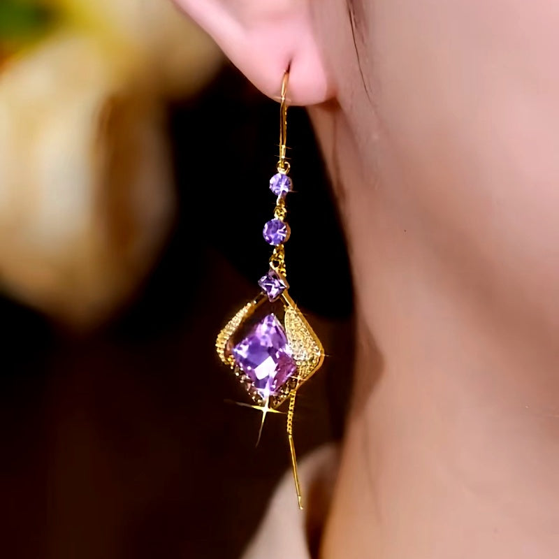 14K Gold-Plated Zircon Purple Crystal Threader Earrings