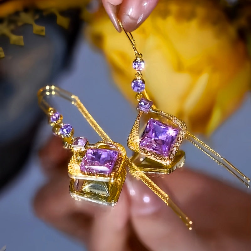 14K Gold-Plated Zircon Purple Crystal Threader Earrings