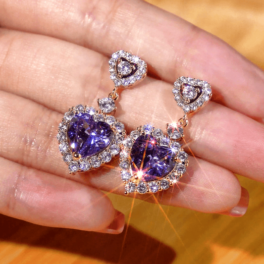 14K Gold-Plated Zircon Purple Heart Earrings