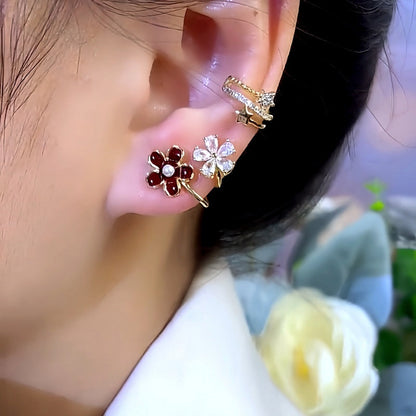 14K Gold-Plated Zircon Red Flower Earrings