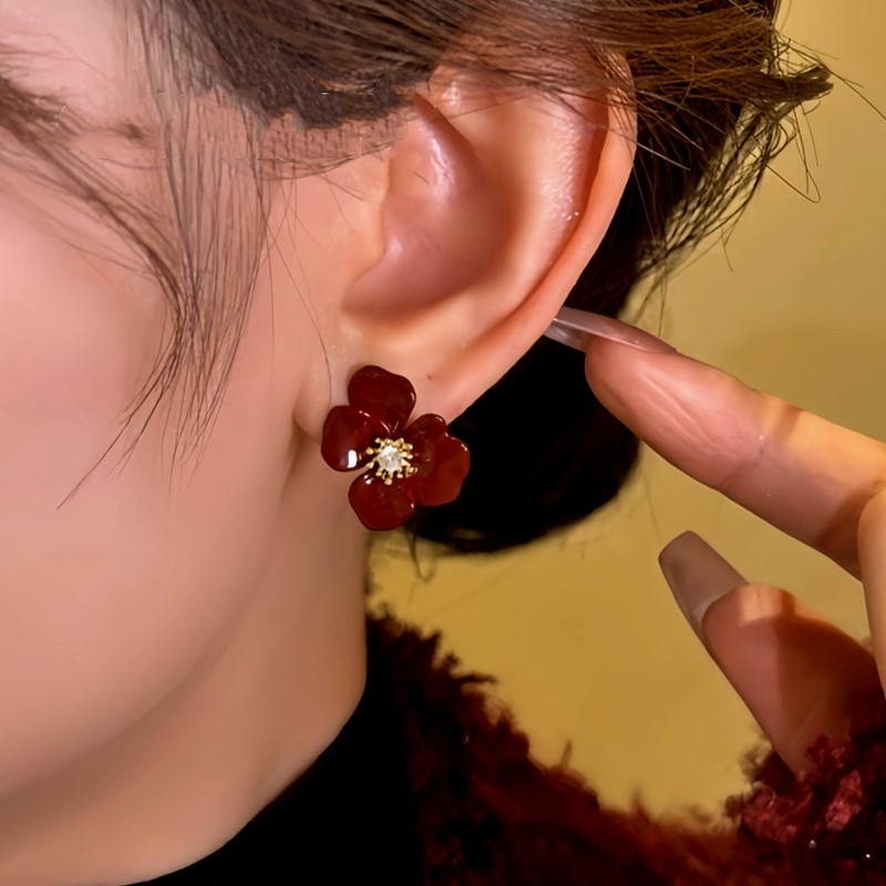 14K Gold-Plated Zircon Red Glaze Flower Stud Earrings