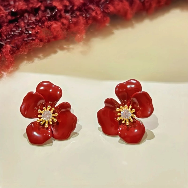 14K Gold-Plated Zircon Red Glaze Flower Stud Earrings