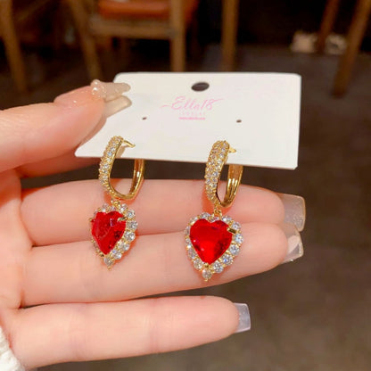 14K Gold-Plated Zircon Red Heart Earrings