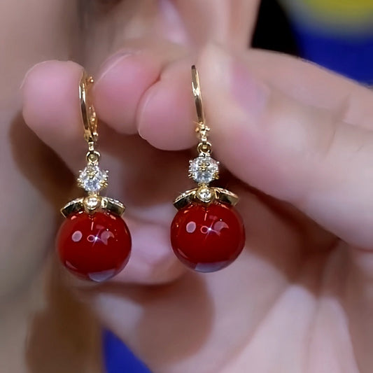 14K Gold-Plated Zircon Red Pearl Earrings