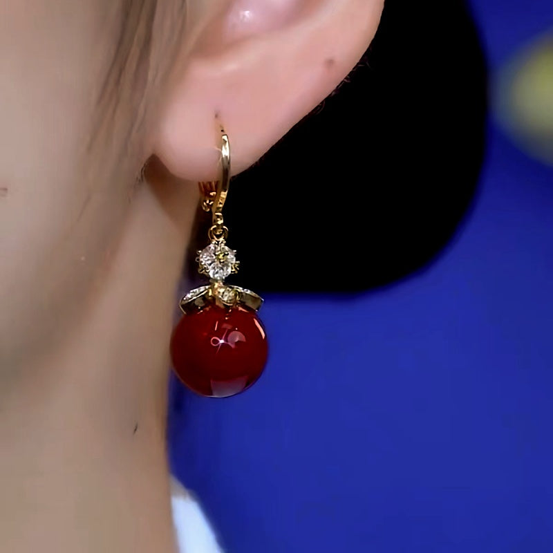 14K Gold-Plated Zircon Red Pearl Earrings