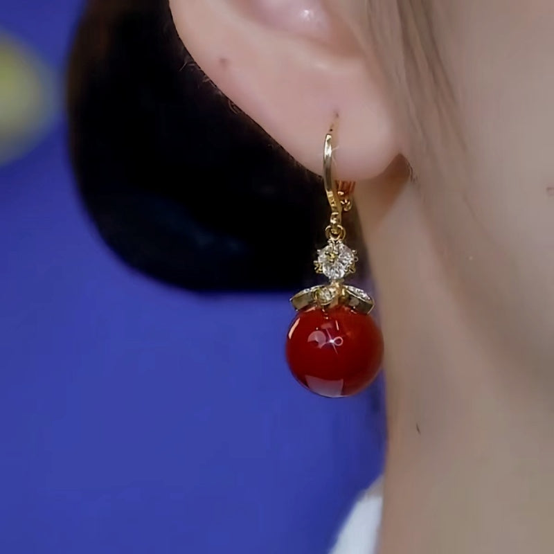 14K Gold-Plated Zircon Red Pearl Earrings