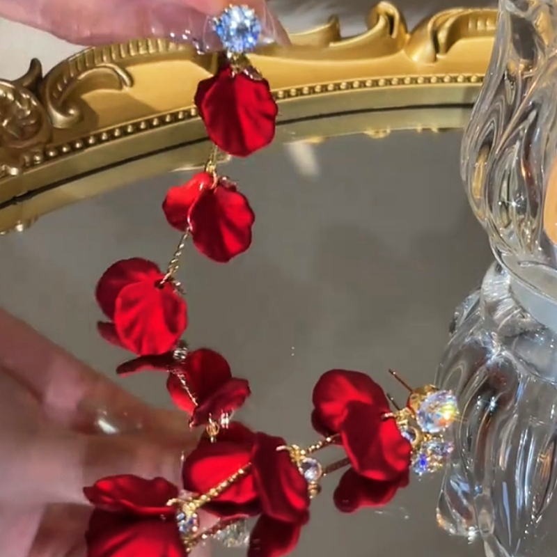 14K Gold-Plated Zircon Red Petal Earrings