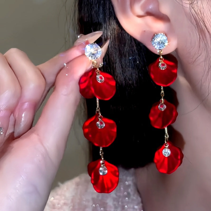 14K Gold-Plated Zircon Red Petal Earrings
