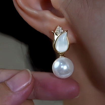 14K Gold-Plated Zircon Rose Pearl Earrings