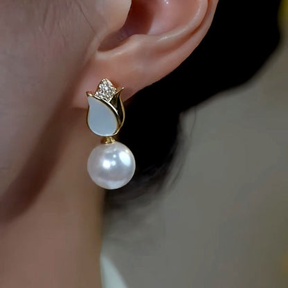 14K Gold-Plated Zircon Rose Pearl Earrings