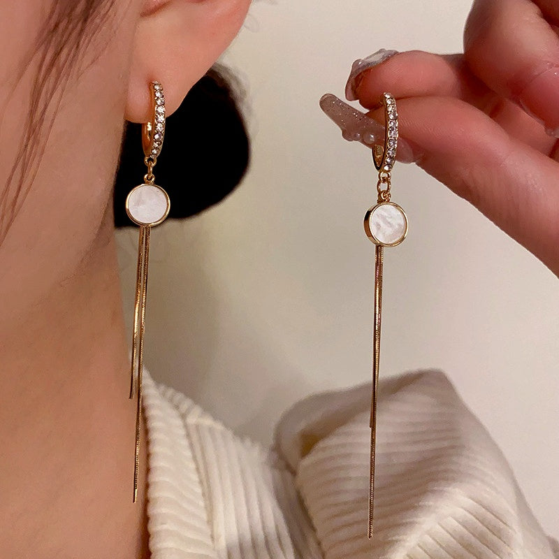 14K Gold-Plated Zircon Round Plate Tassel Earrings