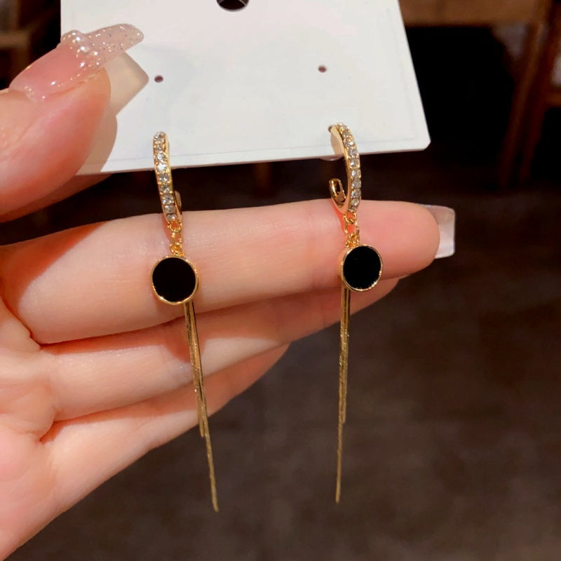 14K Gold-Plated Zircon Round Plate Tassel Earrings