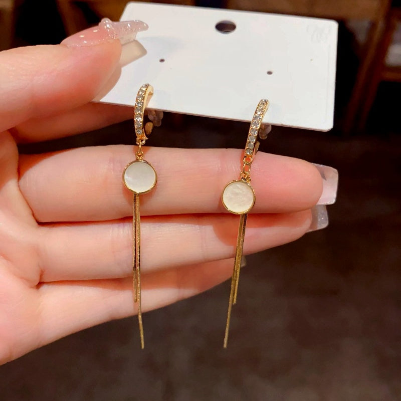 14K Gold-Plated Zircon Round Plate Tassel Earrings