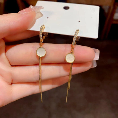 14K Gold-Plated Zircon Round Plate Tassel Earrings