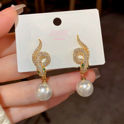 14K Gold-Plated Zircon Snake-Shaped Pearl Earrings