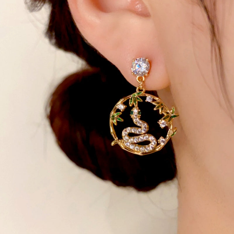 14K Gold-Plated Zircon Snake Bamboo Leaf Hoop Earrings