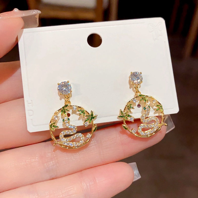 14K Gold-Plated Zircon Snake Bamboo Leaf Hoop Earrings
