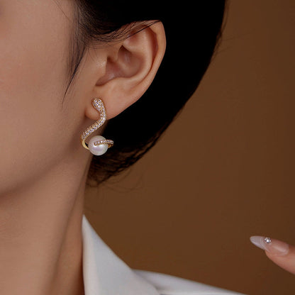 14K Gold-Plated Zircon Snake Pearl Earrings