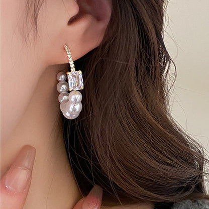 14K Gold-Plated Zircon Square Pearl C-Shaped Earrings