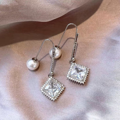 14K Gold-Plated Zircon Square Pearl Earrings