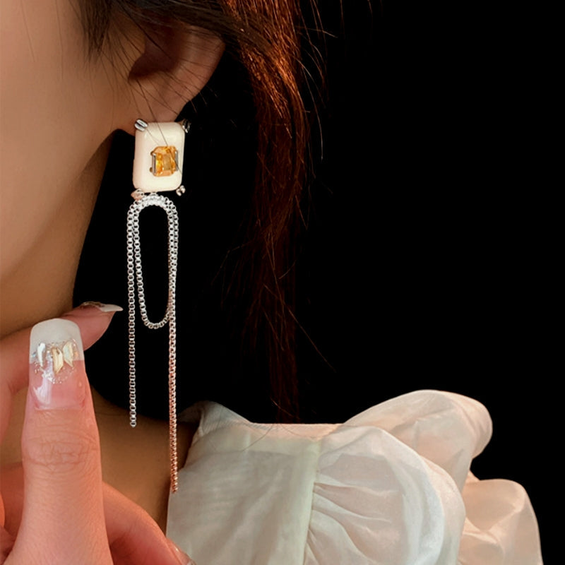 14K Gold-Plated Zircon Square Tassel Earrings