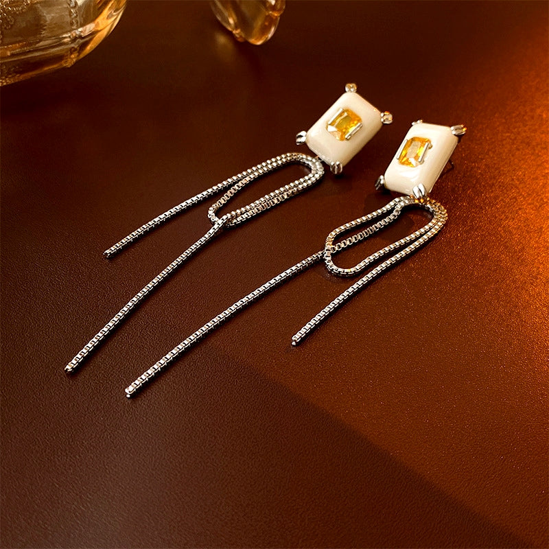14K Gold-Plated Zircon Square Tassel Earrings
