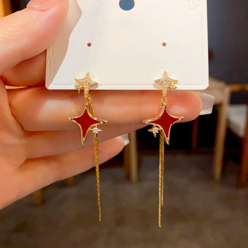 14K Gold-Plated Zircon Star Tassel Earrings