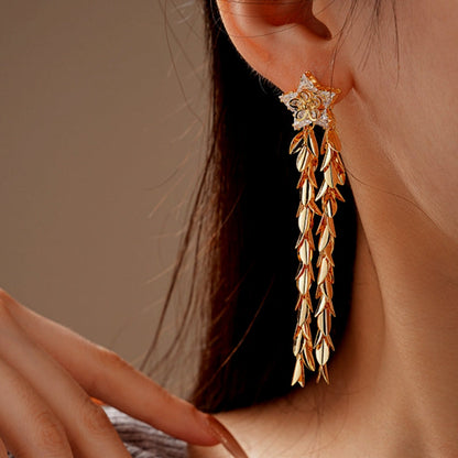 14K Gold-Plated Zircon Star Wheat Tassel Earrings