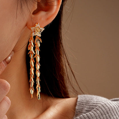 14K Gold-Plated Zircon Star Wheat Tassel Earrings
