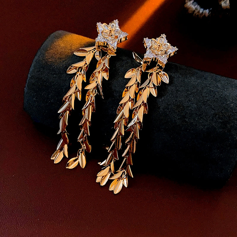 14K Gold-Plated Zircon Star Wheat Tassel Earrings