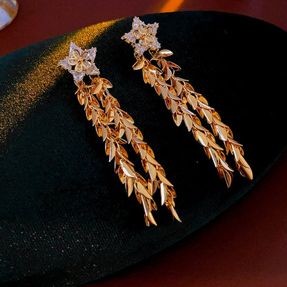 14K Gold-Plated Zircon Star Wheat Tassel Earrings