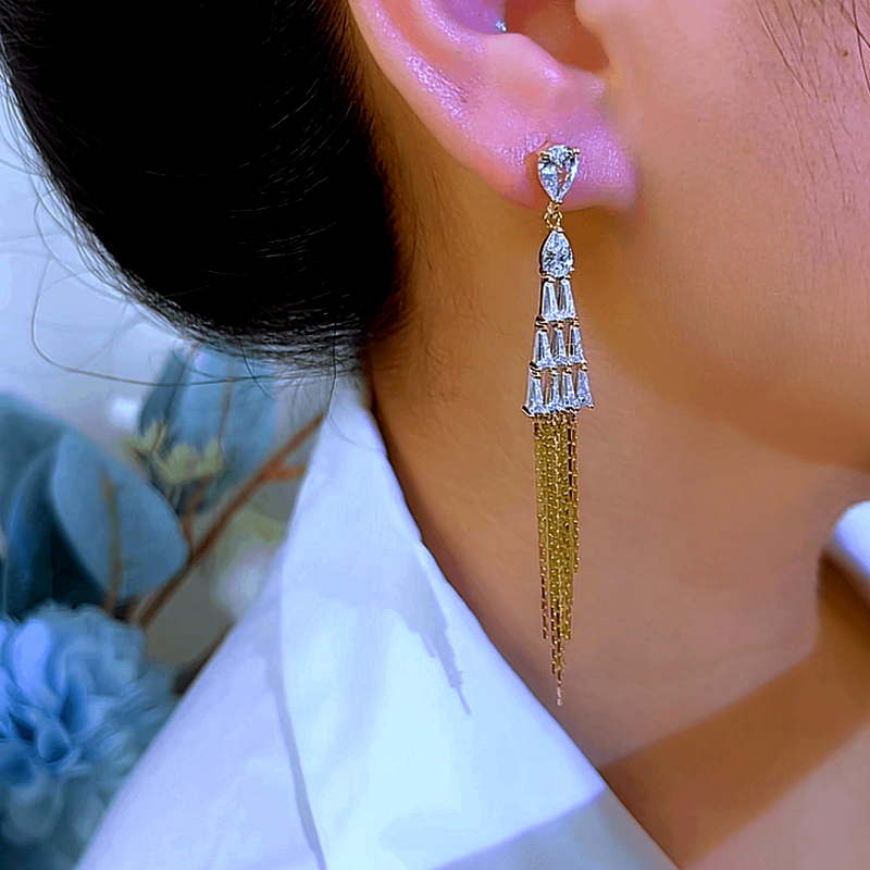 14K Gold-Plated Zircon Tassel Ear Hook Earrings
