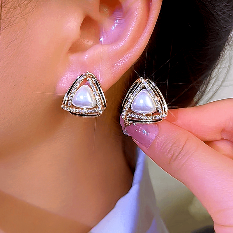 14K Gold-Plated Zircon Triangle Pearl Earrings