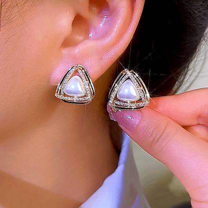 14K Gold-Plated Zircon Triangle Pearl Earrings
