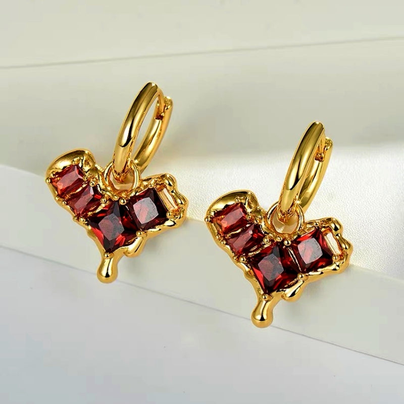 14K Gold-Plated Zircon Wine Red Heart Earrings