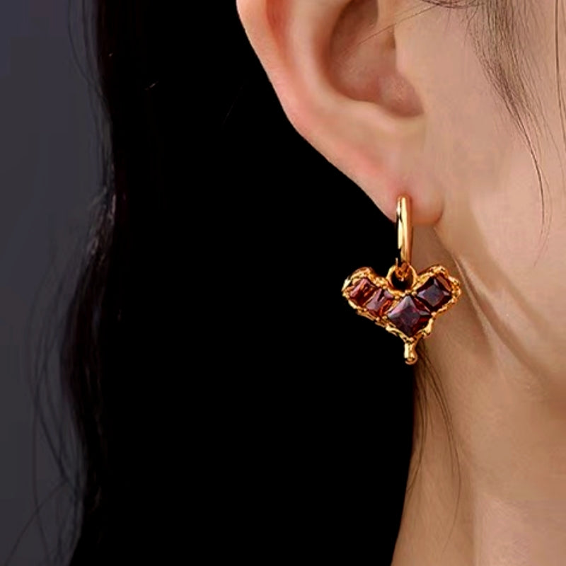 14K Gold-Plated Zircon Wine Red Heart Earrings