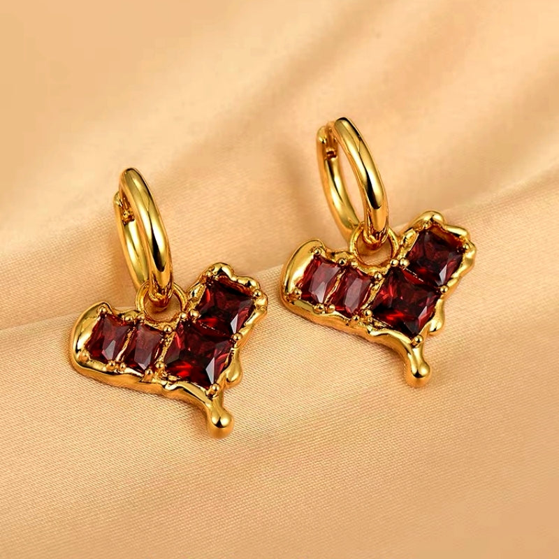 14K Gold-Plated Zircon Wine Red Heart Earrings