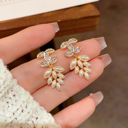 14K Gold-Plated Zircon letter Wheat Ear pearl Earrings