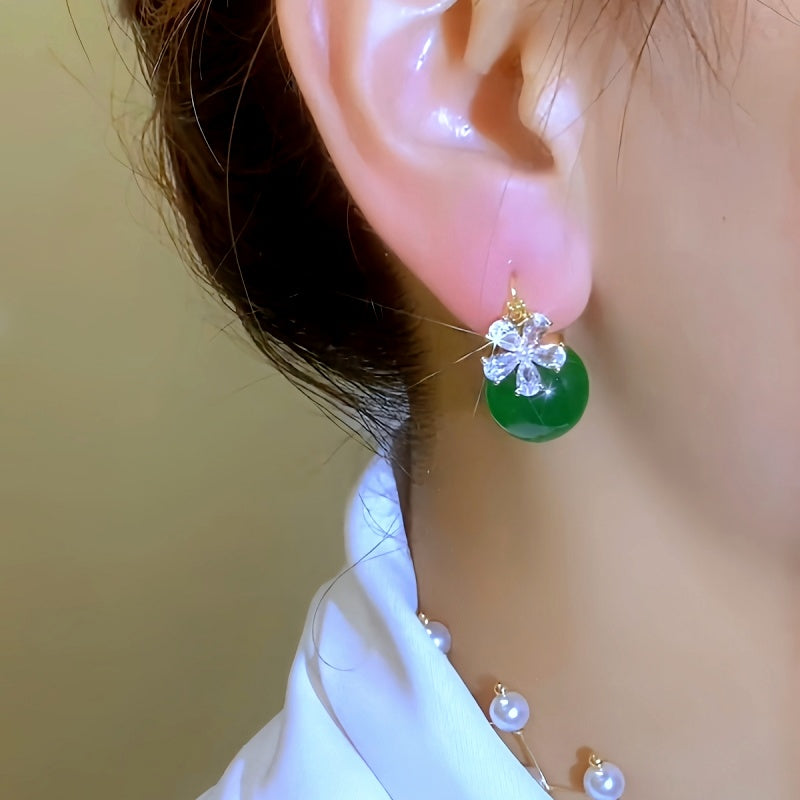 14K Gold-Plated Green Pearl Zircon Flower Earrings