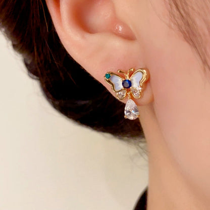 14K Gold-Plated Zircon Water Drop Butterfly Earrings