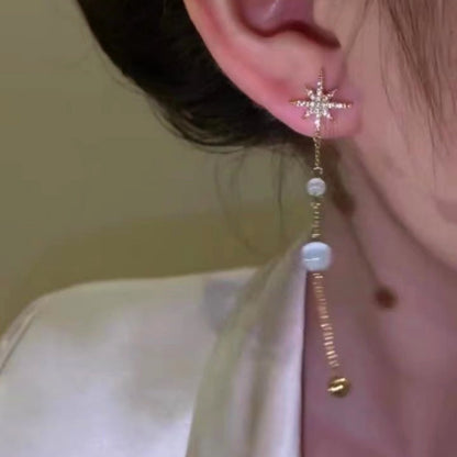 14K Gold-plated Artificial Pearl Eight-Pointed Star Earrings