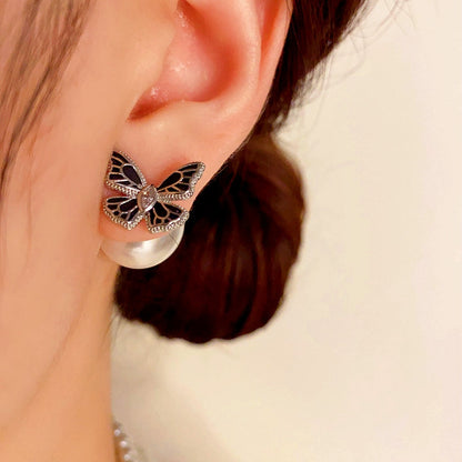 14K Gold-plated Black Butterfly Pearl Jacket Earrings