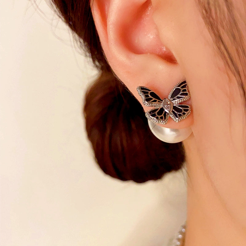 14K Gold-plated Black Butterfly Pearl Jacket Earrings