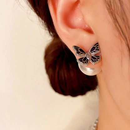 14K Gold-plated Black Butterfly Pearl Jacket Earrings