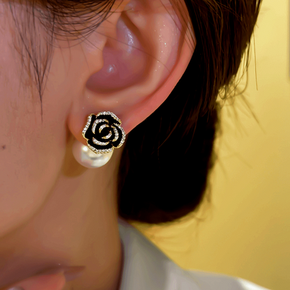 14K Gold-plated Black Camellia Pearl Earrings
