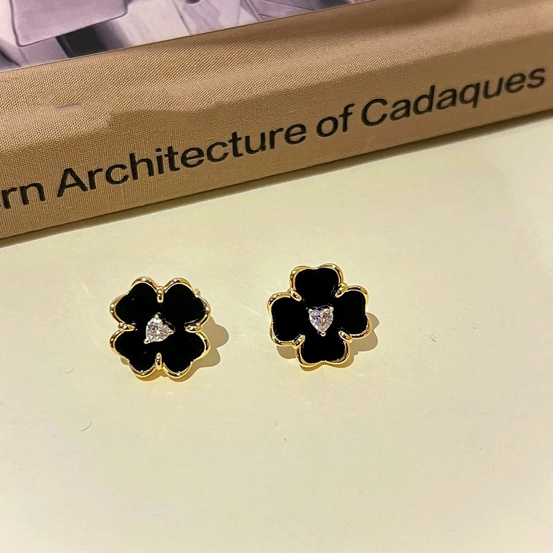 14K Gold-plated Black Flower Earrings