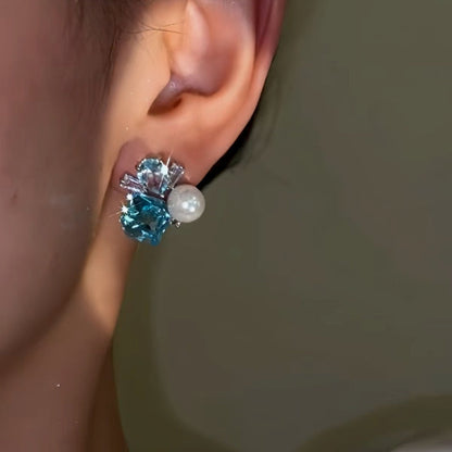 14K Gold-plated Blue Diamond Pearl Earrings