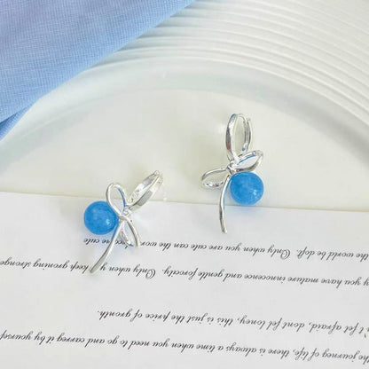 14K Gold-plated Bow Bead Blue Bead Earrings